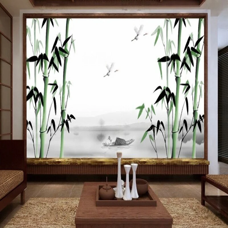 Willow Forest Mountain Landscape Small Boat Old Man Chinese-Style Crane Natural Artistic Conception Scenic Background Wall