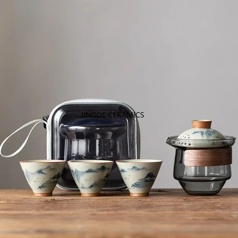 Hand Drawn Outdoor Travel Tea Set Portable, One Pot and Three Cups Underglaze Color Teapot Set Tea Ceremony Accessories