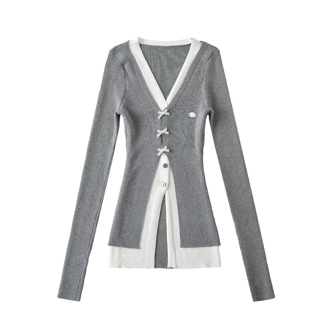 Women Long Sleeve Knitted  V neck Girl from Seoul Stitching Cardigan