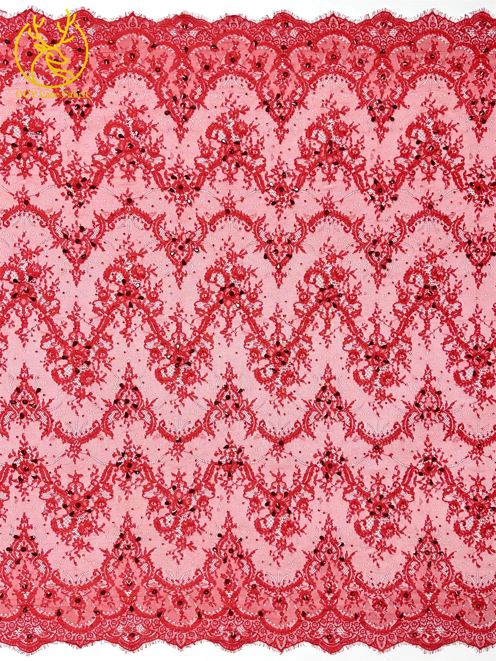 Roter nigerianischer Spitzenstoff, hochwertige afrikanische Milchseide mit Steinen, Guipure-Kordel für Damen-Partykleider, DIY-Nähzubehör, 3 Meter – Detail 6