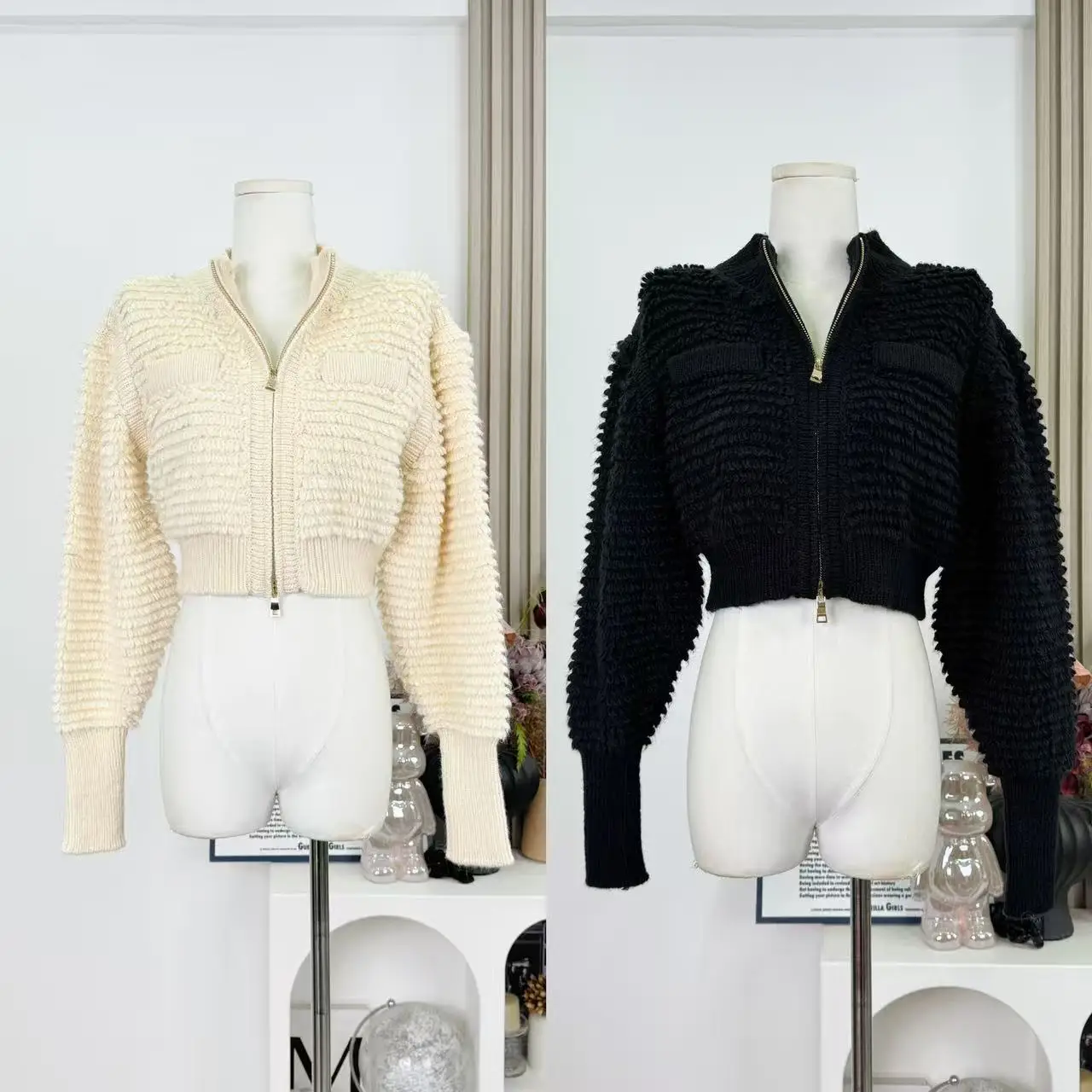 

Женский осенне-зимний короткий кардиган с длинным рукавом и круглым вырезом, женская уличная одежда, двусторонняя молния, рукав-фонарик, вязаная верхняя одежда, топ