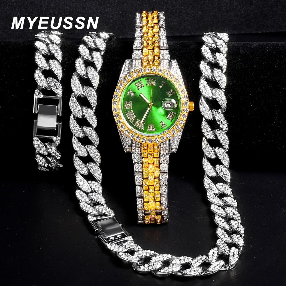 

New Necklace+Watch+Bracelet Hip Hop Rapper Men Cuban Chain Gold Color Iced Out Paved Rhinestone Necklaces for Men's Jewelry Set