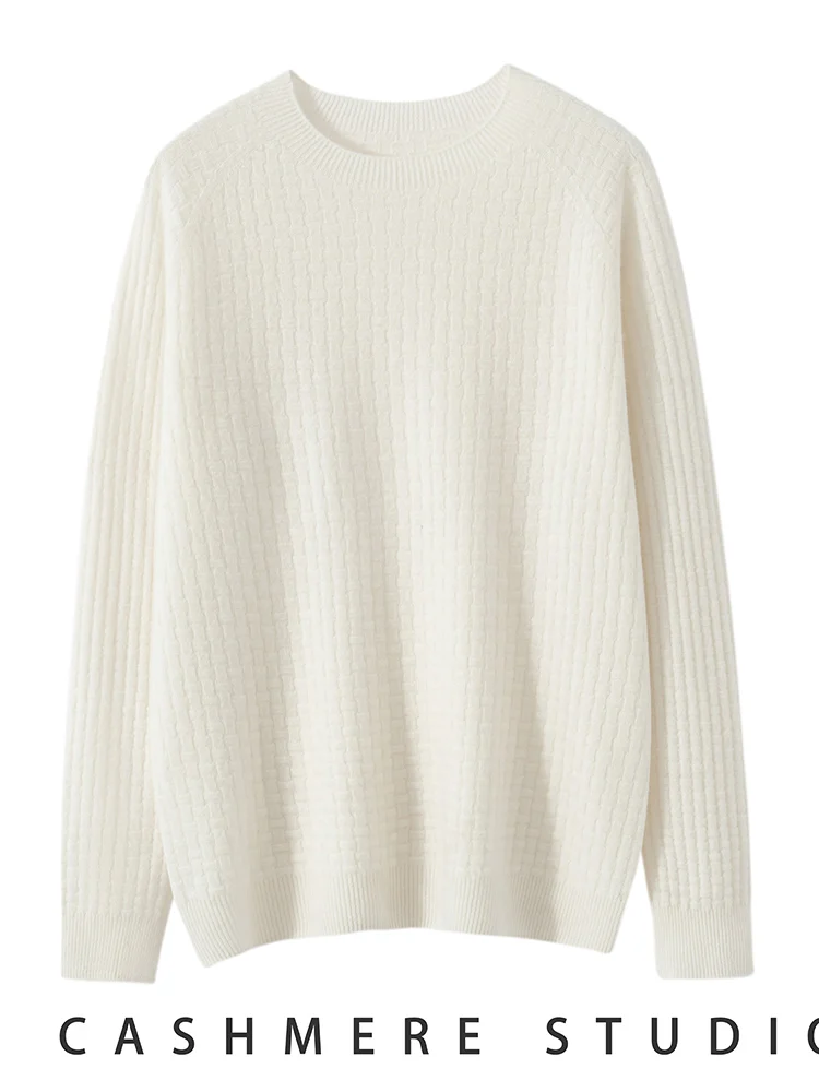 

TLOML Women's 100% Cashmere Sweater O-neck Woven Texture Solid Pullover Spring Autumn Basic Soft Cashmere Knitwear Casual Tops