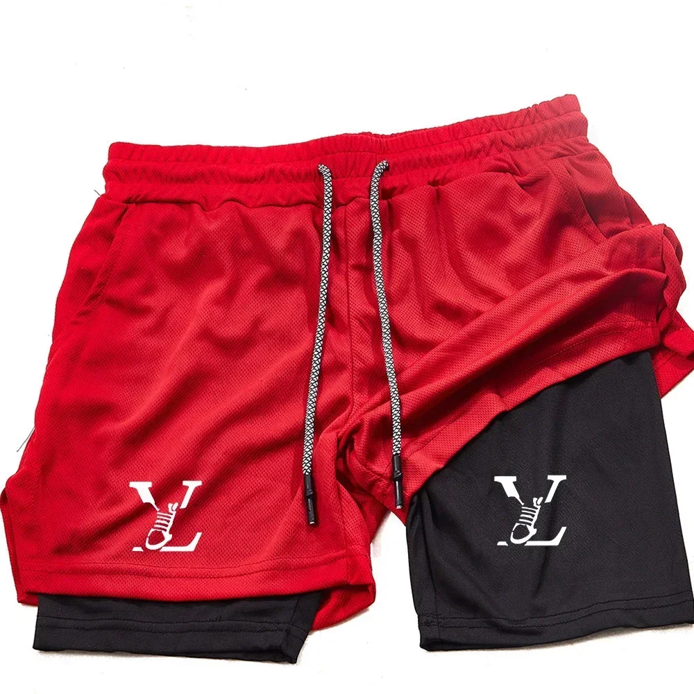 شورت رياضي 2 في 1 بطبقة مزدوجة مطبوع على الموضة للرجال للياقة البدنية والجري والتدريب، شورت سريع الجفاف وجيد التهوية