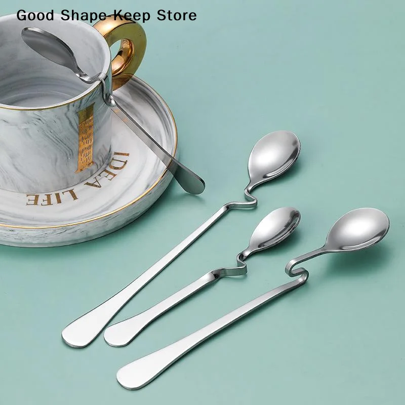 S-Shaped Stainless Steel Hanging Cup Spoon Restaurant Curved Handle Twisting Spoon Coffee Milk Dessert Tea Curved Mixing Spoons