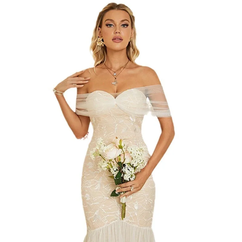 원 숄더 라이트 웨딩 드레스, 프렌치 레이스 피쉬테일 야외 베일, 단순한 기질, 숲 스타일 슈퍼 요정 환영