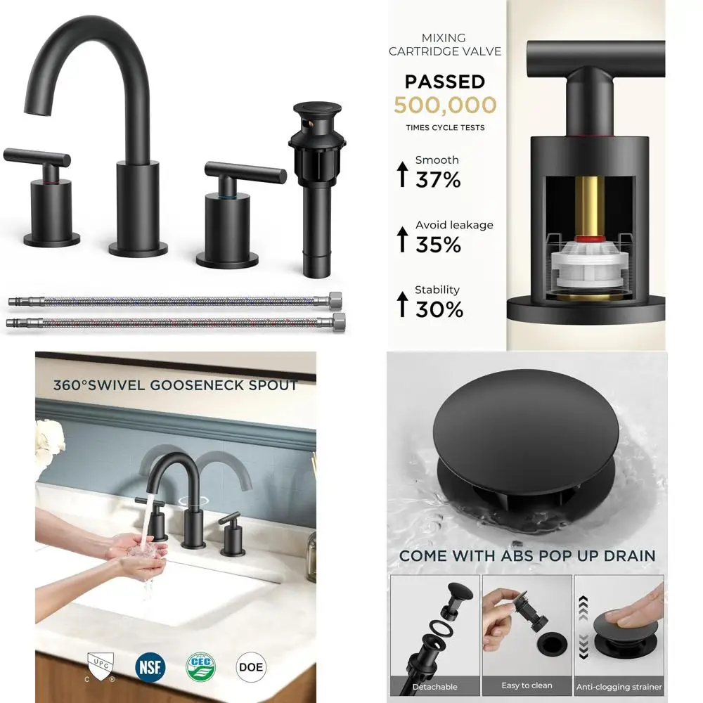 

8 Matte Black 3-Hole Widespread Bathroom Faucet with 360° Swivel Spout, Pop-up Drain, and cUPC Supply Line for 6-12 Vanity Sinks