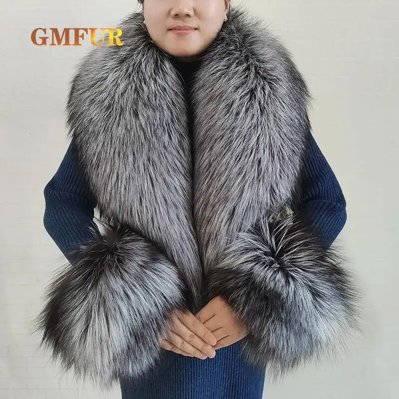 

Шарф и манжеты из 100% натурального лисьего меха, женская зимняя куртка, меховой воротник, оригинальные шарфы на шею, роскошные теплые грелки на шею из лисьего меха