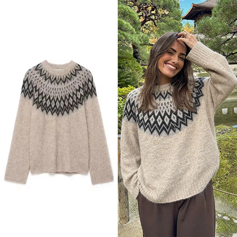 

Chic Autumn Knitted Pullover Women Vintage Jacquard Sweater Fashion Casual Long Sleeve Female Elegant Knitwear Top