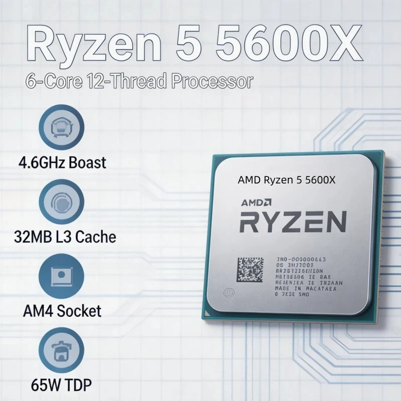 Ryzen 5 5600X 32MB L3 Cache Unlocked CPU 6‑Core 12‑Thread Max Boost 4.6GHz Socket AM4 Tray Without cooler