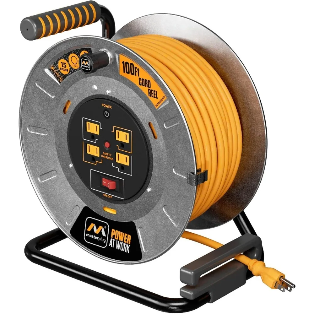 100ft Cord Reel, Metal Cable Drum, Retractable Extension Lead with Winding Handle, Safety Overload Circuit Breaker