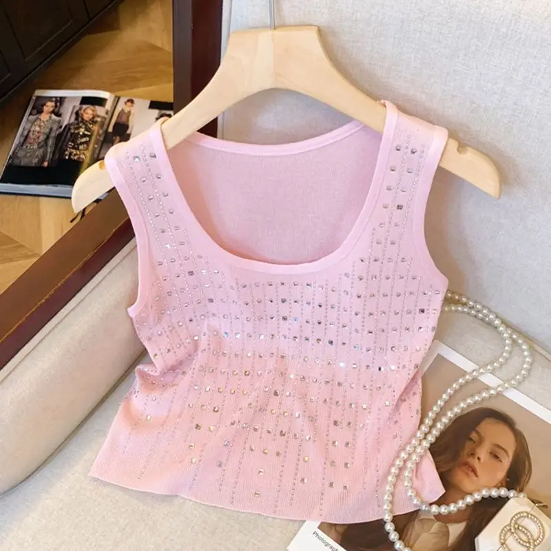 Chic Letter Rhinestone Sleeveless Suspender Soft Knitted Vest Inner Wear Slim 2024 New Summer All Match Ulzzang Top