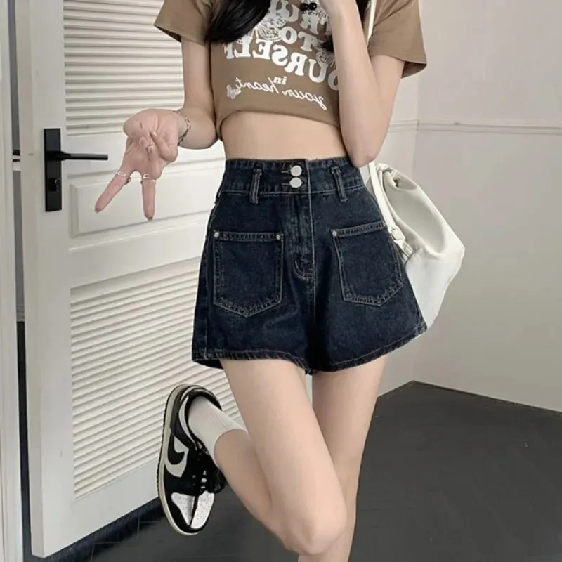 

Female Clothing American Vintage Loose Denim Shorts High Waist Button Summer Fashionable Pockets Basic Wide Leg Casual Shorts