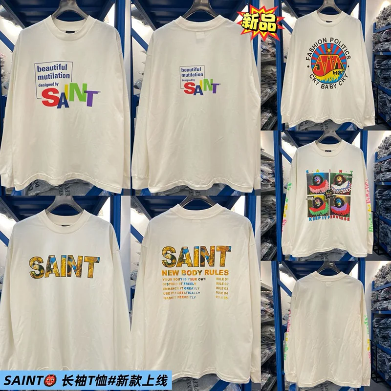 

Vintage Cement White Oversized Saint Long Sleeved T-Shirt Men Women Top Quality Cotton Colorful Letter Logo Printing T Shirt Top