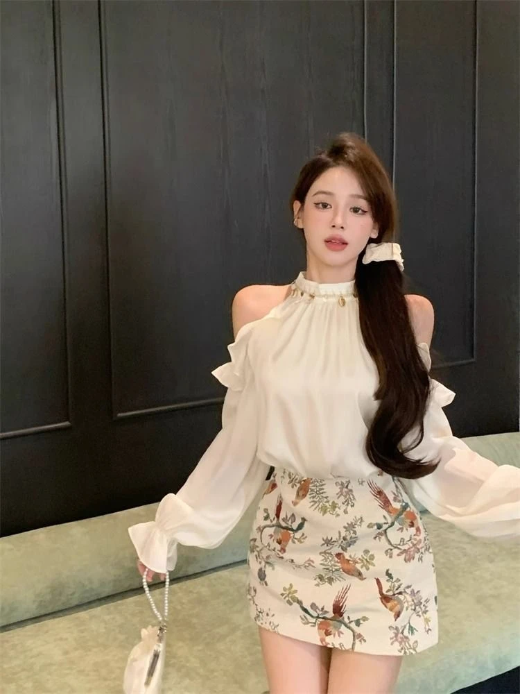 

Women's Pure Sexy Style Set 2026 Spring Off Shoulder Shirt With Print Bodycon Mini Skirt Two Piece Intricate Beading Design