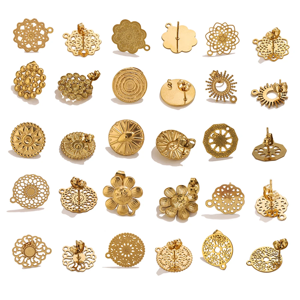 6 Stück/Set Goldfarbene Edelstahl Sonnenblumen-Ohrstecker-Basen mit Ohrstecker-Verschlüssen für DIY Schmuckherstellung