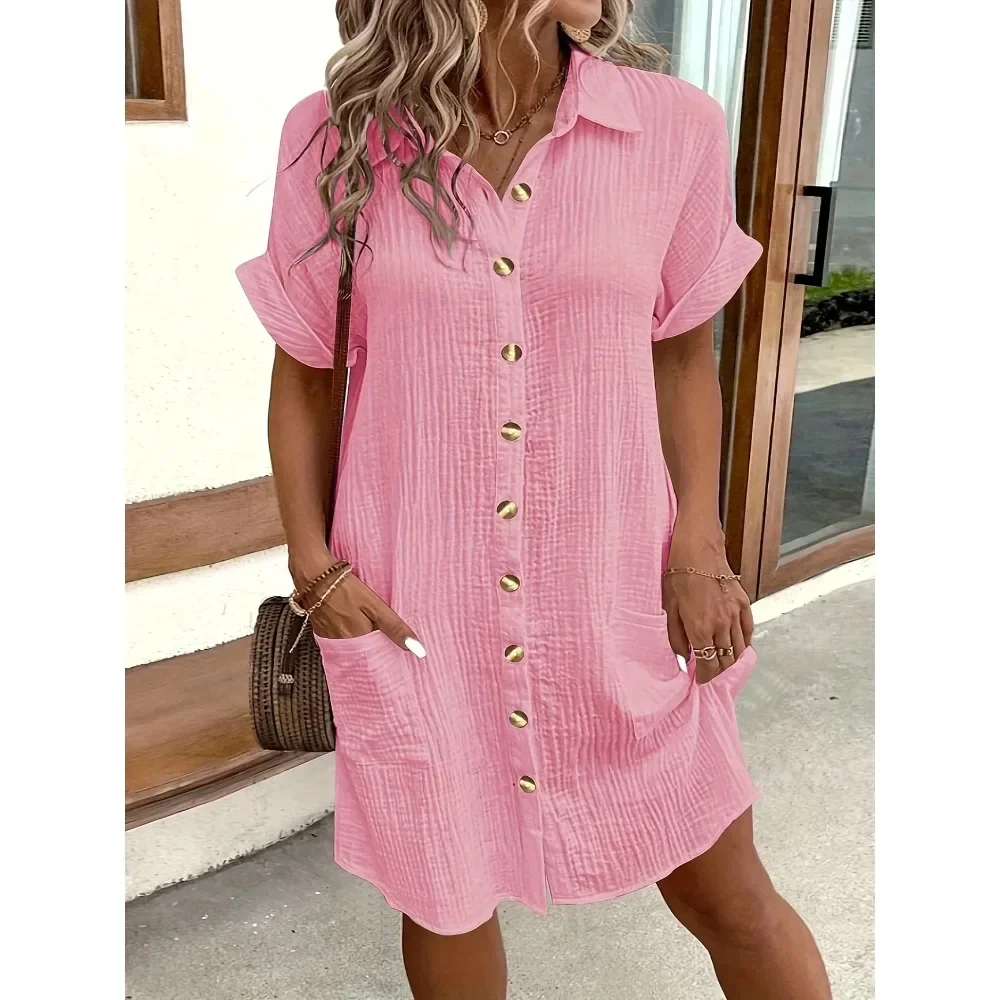 Tallas grandes 1XL-5XL Primavera y otoño Falda de vestido con botones de solapa simples de verano caliente europea y americana