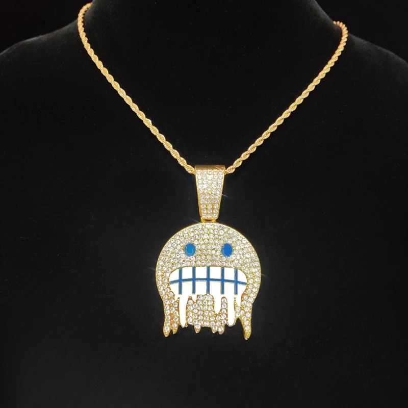 Men Women Hip hop Iced out Bling Emoji Shape Pendant Necklace 13mm Width Cuban Chain Hiphop Necklaces fashion Charm jewelry