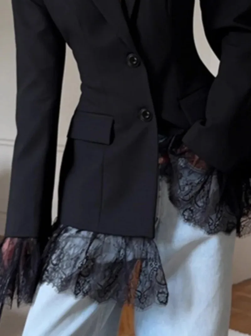 

Women's Black Tailored Blazer Classic Lapels Double Button Closure Exquisite Lace Trimmed Cuffs Elegant Female Chic Outerwear