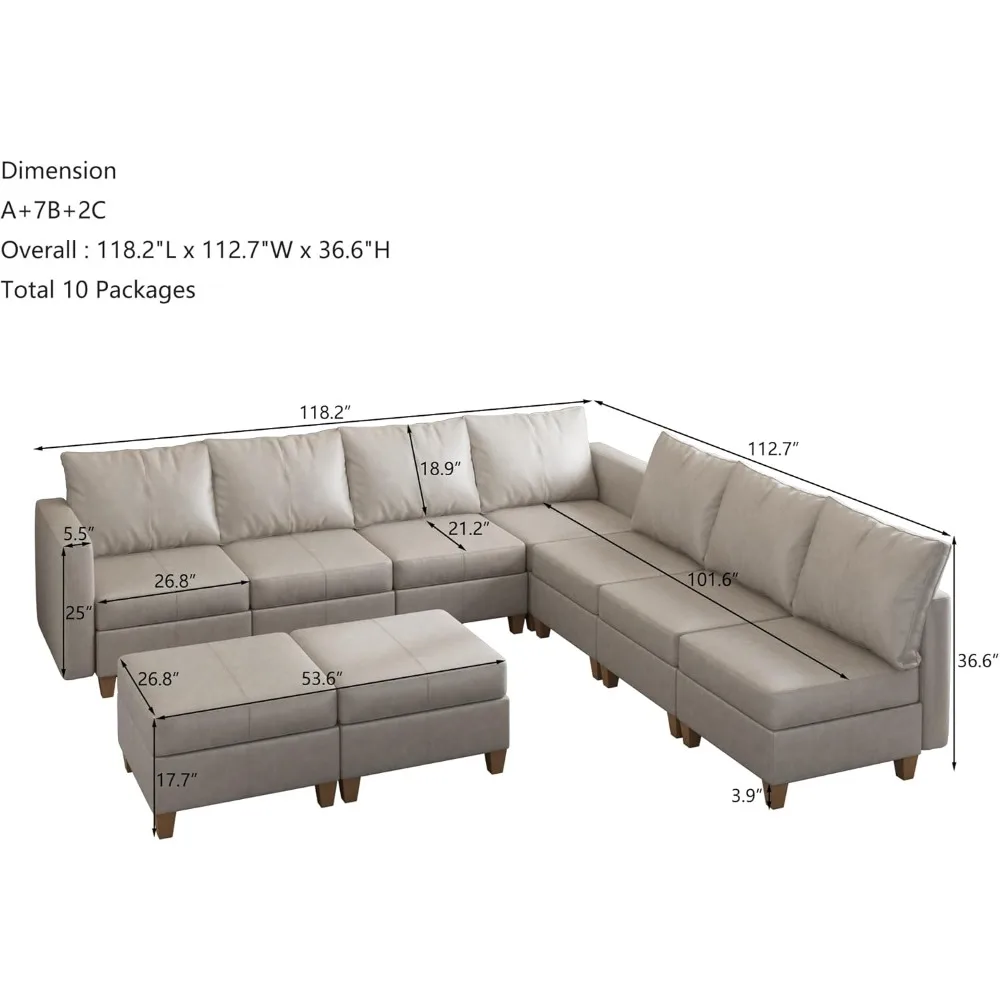 Faux Leather Sectional Couch,with Storage, L Shape 9 Seat Modular Sectional Sofa Couch,Modular Sofa