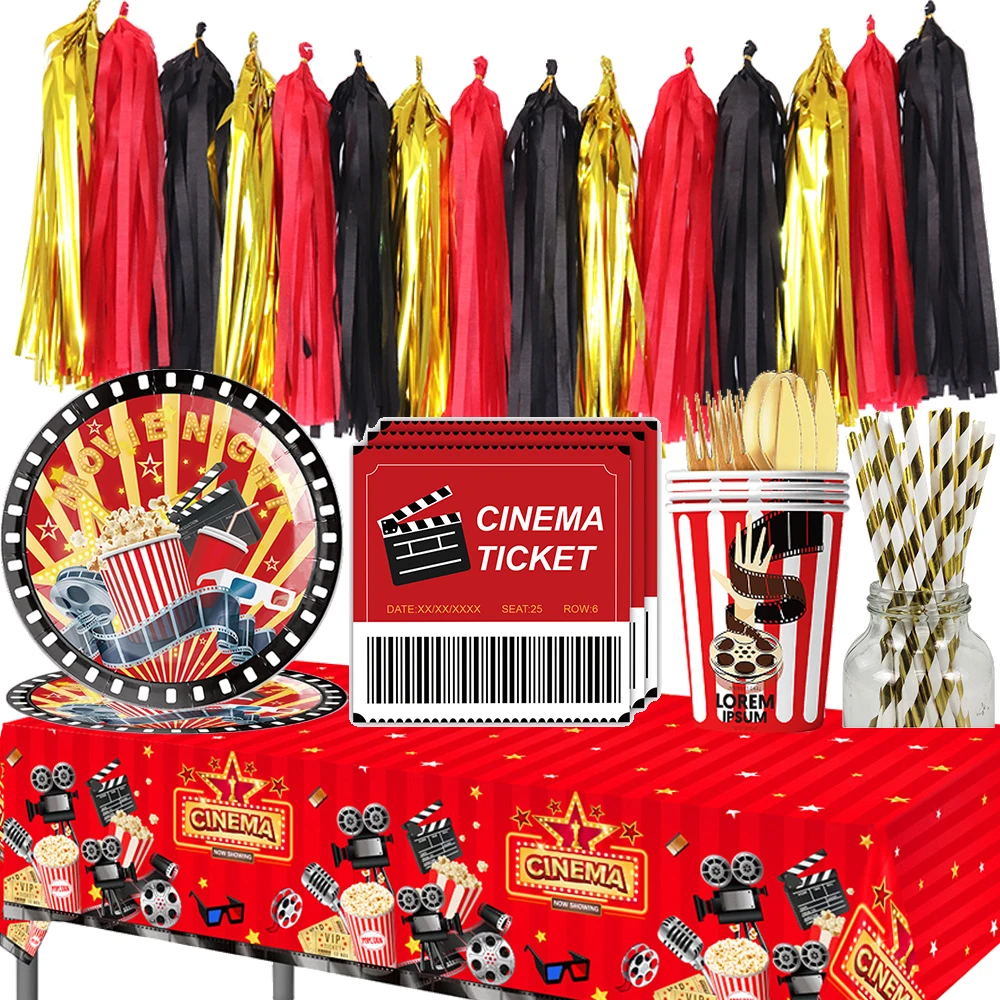 Plato de papel de noche de película, servilleta, borla, guirnalda, pancarta, película, cine, vajilla desechable, tema de película, decoraciones para fiesta de cumpleaños