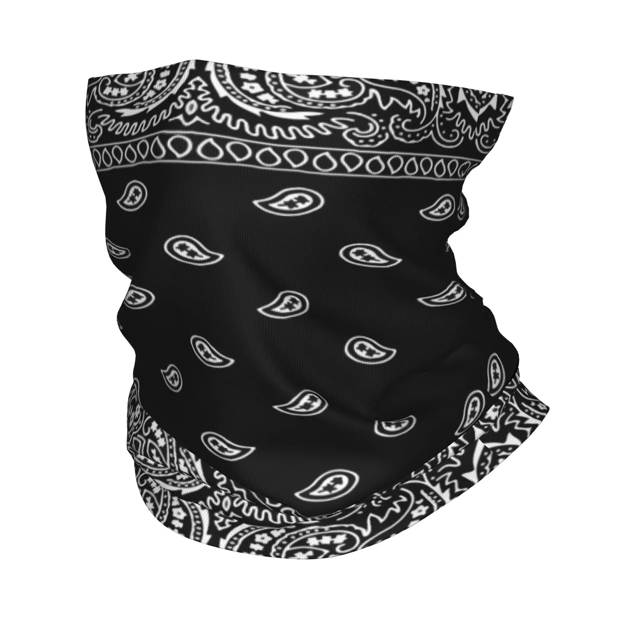 Custom Black and White Bandana Paisley Pattern Bandana Neck Gaiter for Hiking Running Wrap Scarf Bohemian Headband Warmer