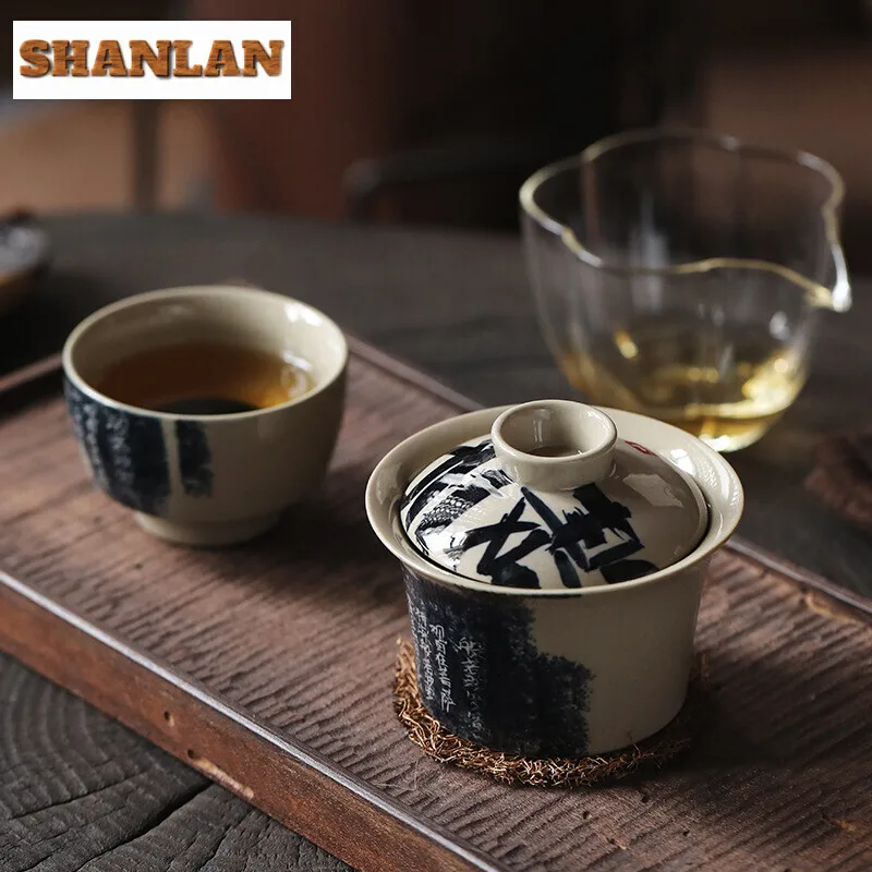 130ml Handdrawn Heart Sutra Gaiwan Zen Small Seal Freedom Not Hot Tea Tureen Tea Maker Cover Bowl Tea Ceremony Supplies Gift