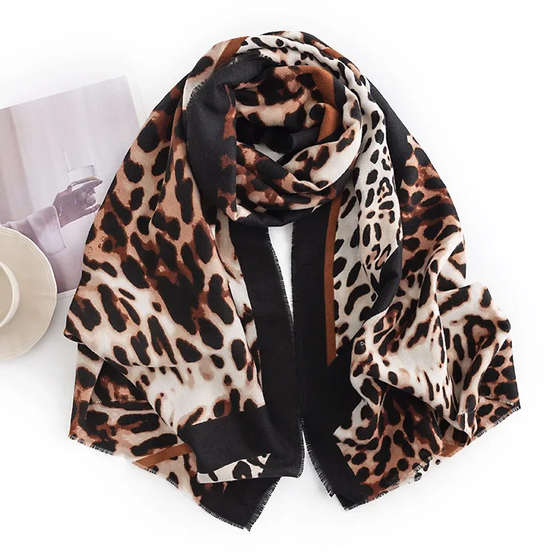 Trendy Black Leopard Soft Scarf Women Luxury Retro Autumn Winter Imitation Cashmere Warm Scarves Shawl Clothing Accessories Gift