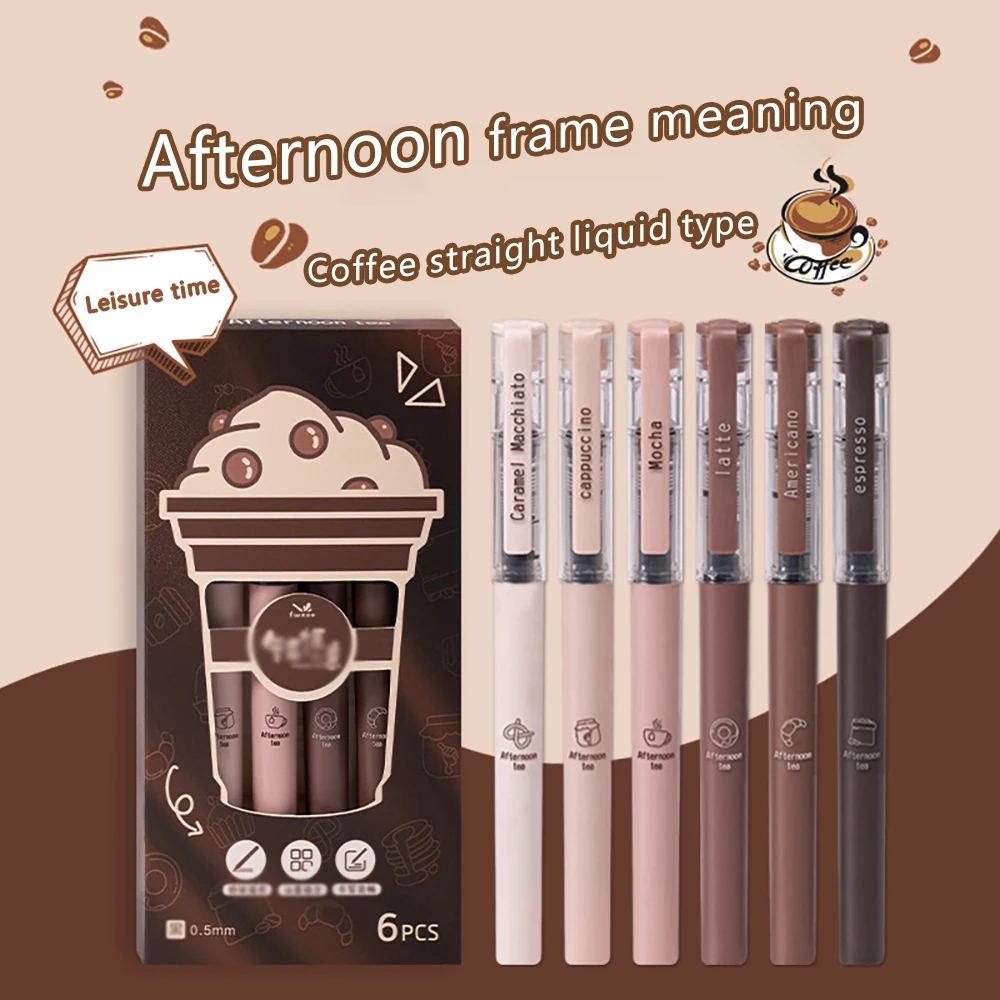 

6 pieces Coffee straight liquid needle tip cap removal neutral pen, high-value student stationery, office signature black pen
