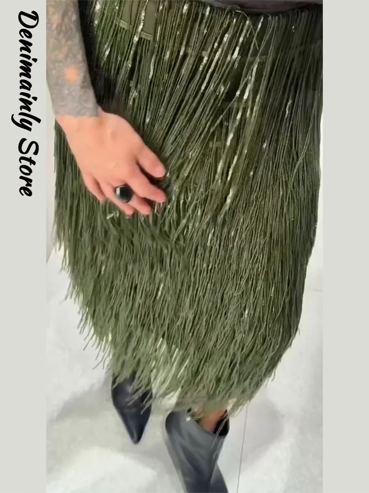 Moda branco borla a linha saia feminina cintura alta fofo sólido saias longas 2025 inverno senhora do escritório chique wear novo