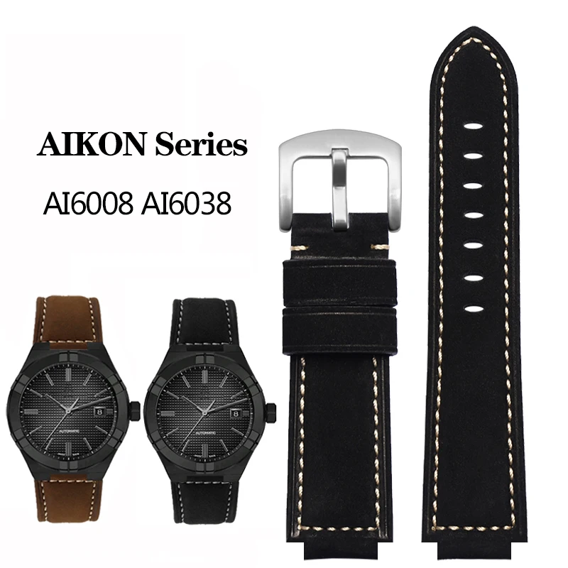 

Vintage Crazy Horse Cow Leather Watchband for MAURICE LACROIX AIKON Series AI6008 AI6038 ai6058 Convex Strap Frosted Bracelet