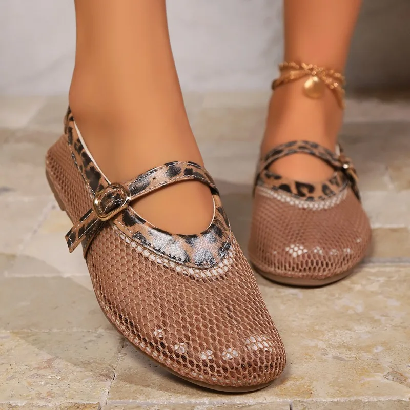 Summer Round Toe Mesh Breathable Women's Ballet Flats Casual Comfortable Cut-out Mary Janes Single Shoes Fashion Fishnet Shoes