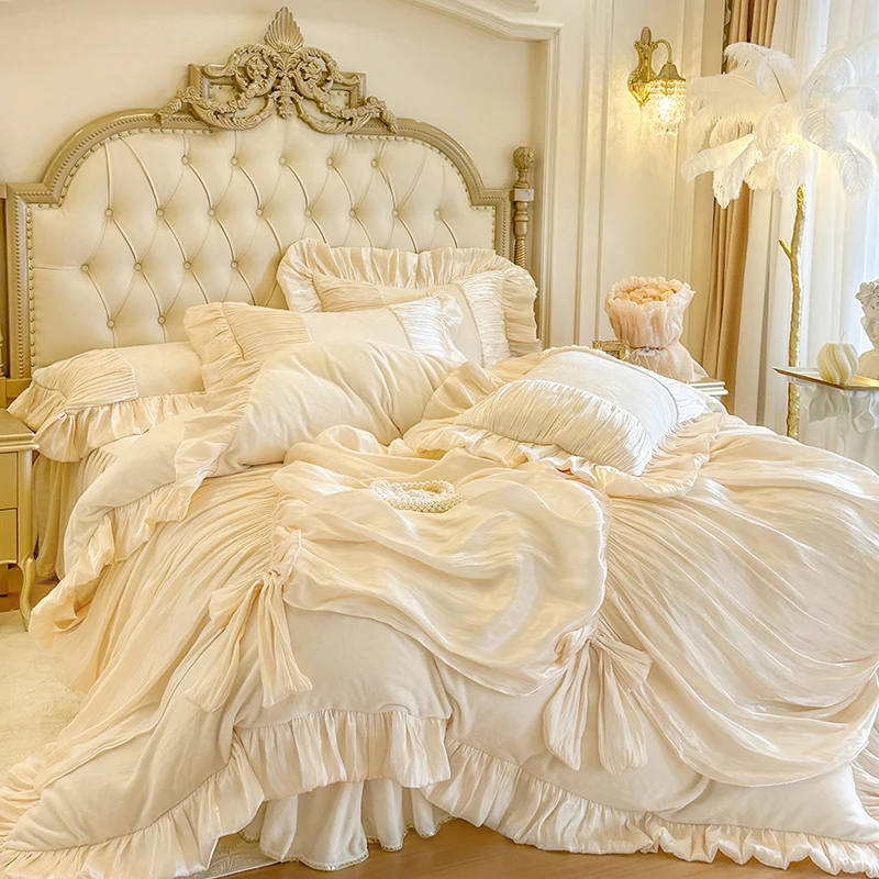 Luxury Velvet Soft Warm Winter Bedding Set Vintage French Wedding Princess Bow Ruffles Duvet Cover Bed Skirt Pillowcases 4/6Pcs