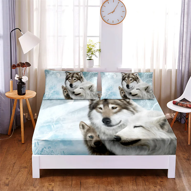 

Animal, Wolf 3pc Polyester Bedding Solid Fitted Sheet Mattress Cover Four Corners with Elastic Band Bed Sheet(2 Pillowcases)