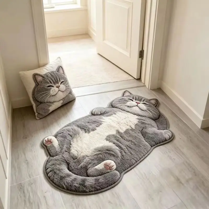 VIKAMA Sleeping Gray White Cat Doormat Irregular Shape Fluffy Kitten Rug Non Slip Soft Entryway Bedroom Mat Cute Animal Decor