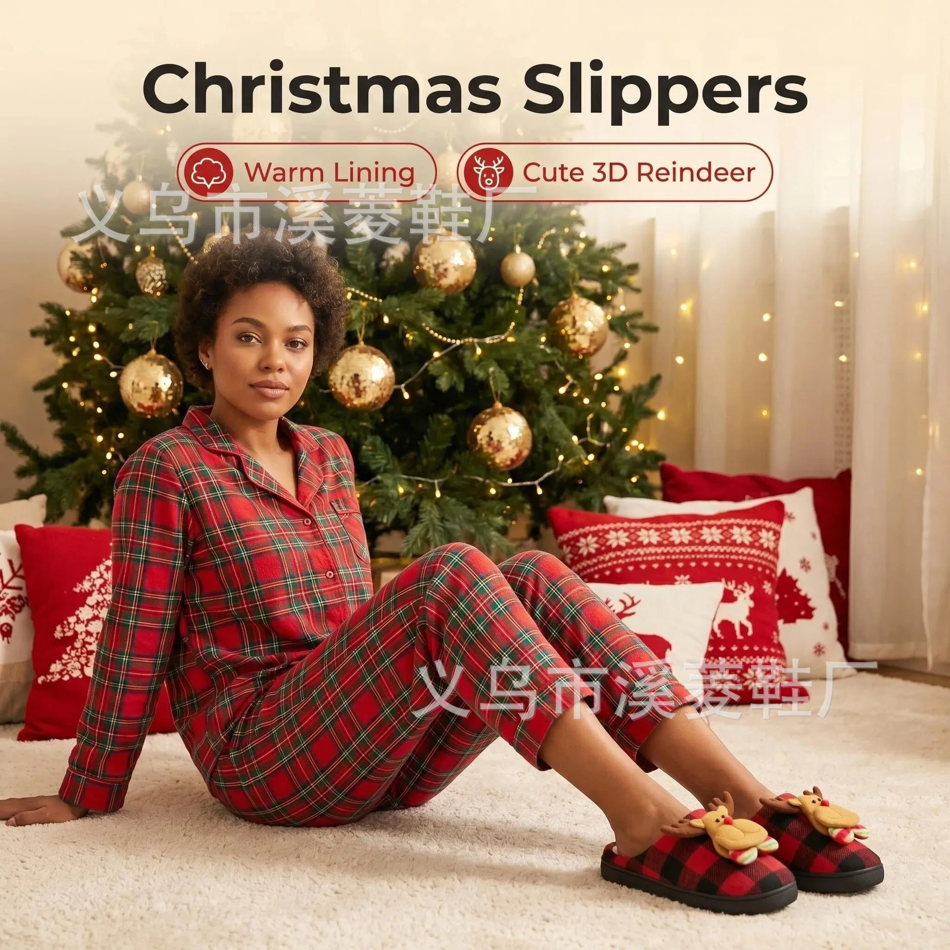 Christmas Theme Cotton Slippers with Santa Claus Black Red Plaid Design Thick Sole Cotton Slippers for Home with Warm Fleece view 2