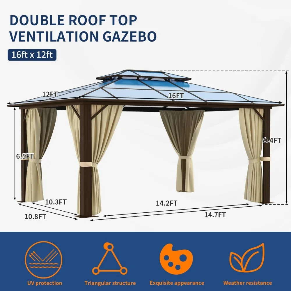 12'x16' Hardtop Gazebo, Outdoor Polycarbonate Double Roof Canopy, Aluminum Frame Permanent Pavilion with Curtains and Netting