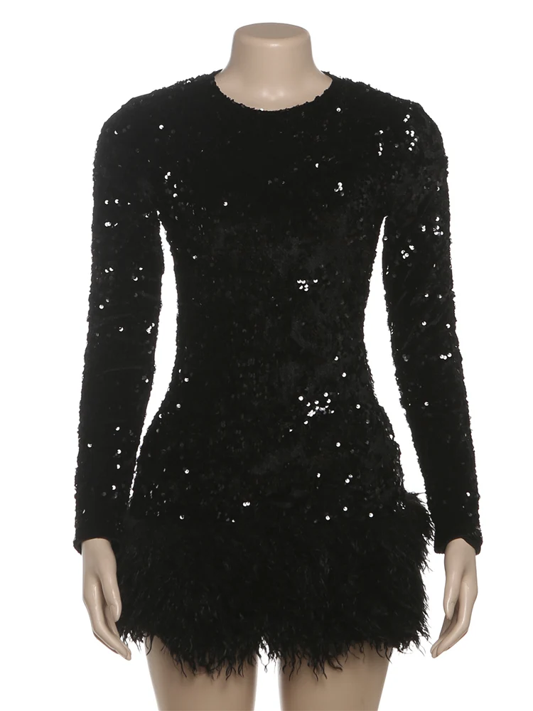 Sisterlinda Sexy Pailletten Kleid Frauen Herbst Elegante Pelzigen Patchwork Volle Hülse O-ansatz Trend Banque Party Club Pfirsich Hüfte Bodycon