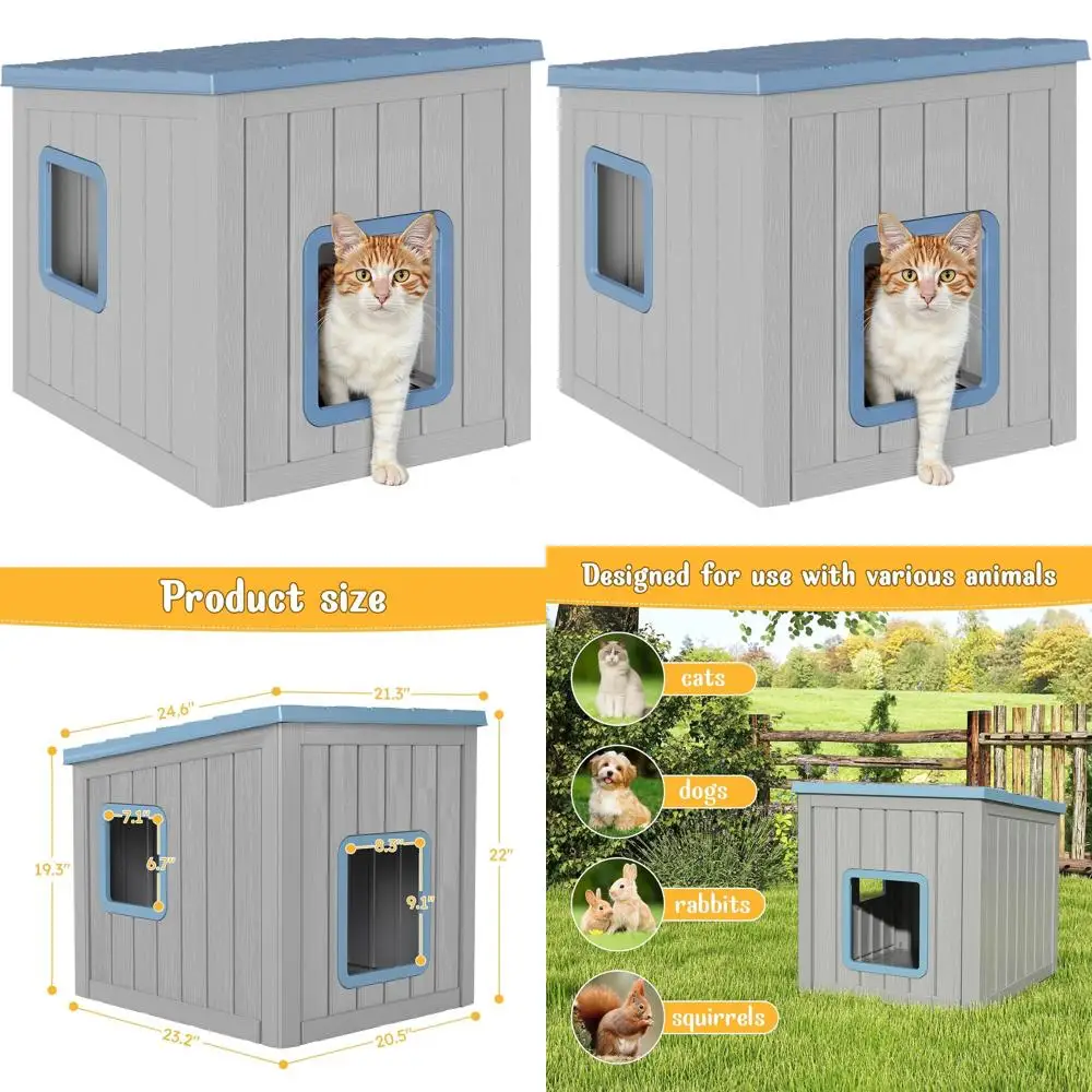 

Большой синий уличный кошачий домик с корпусом для туалета и аварийным выходом