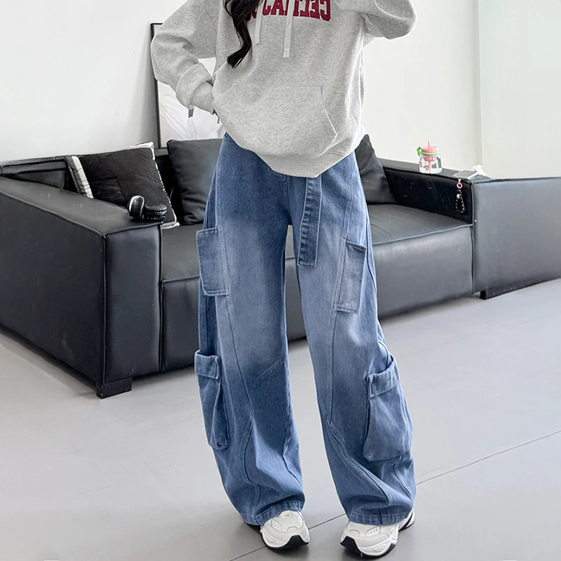

2025 американские джинсы-карго с большими карманами в стиле хип-хоп, женские осенне-зимние широкие джинсы большого размера, популярные винтажные синие джинсовые брюки
