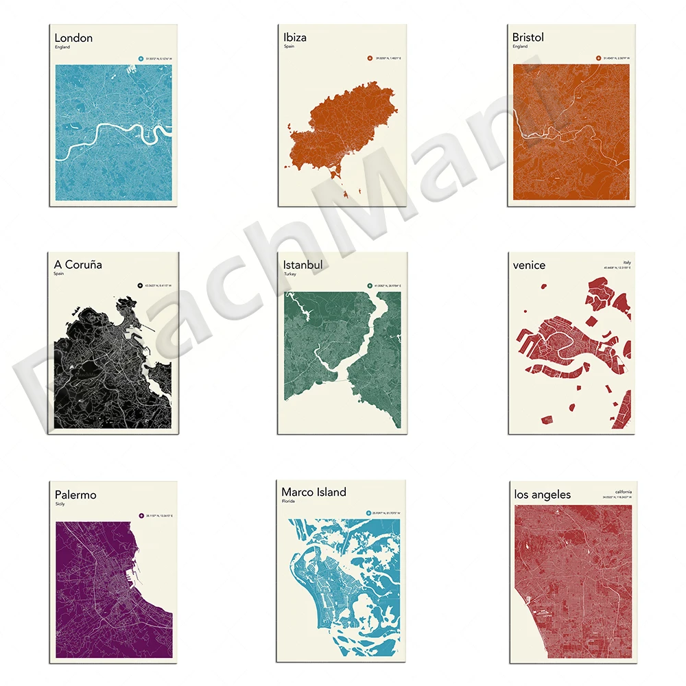 Palermo Sicilia, Londres, Florida, Bristol, España, Ibiza, Inglaterra, Estambul, Los Ángeles, Hackney Land, Bogota Colombia Mapa Póster