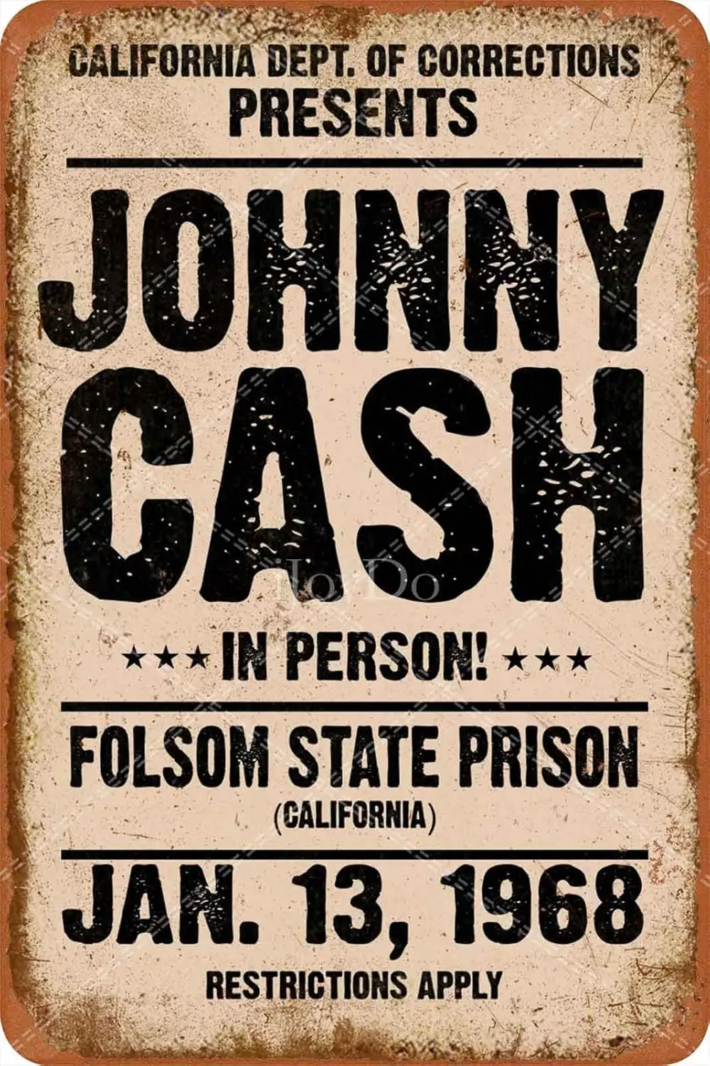 iJoyDo Johnny Vintage Tin Sign 1968 Cash in Person Folsom State Prison Metal Plate Signage, Music Bar Club Men's Cave Art De