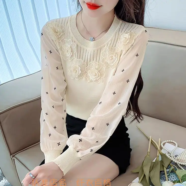 Chiffon Long Sleeved Knitted Shirt Spring New Style Women\'s Flower Design Sense Spliced New Style Stylish and High-end Top