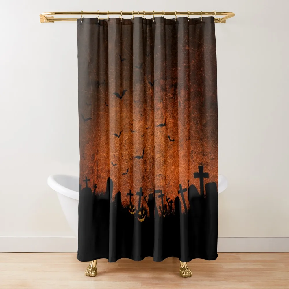 

Creepy Grunge Orange and Black Halloween Graveyard Scene Shower Curtain Bathroom Decor Waterproof Fabric Bathroom Curtain
