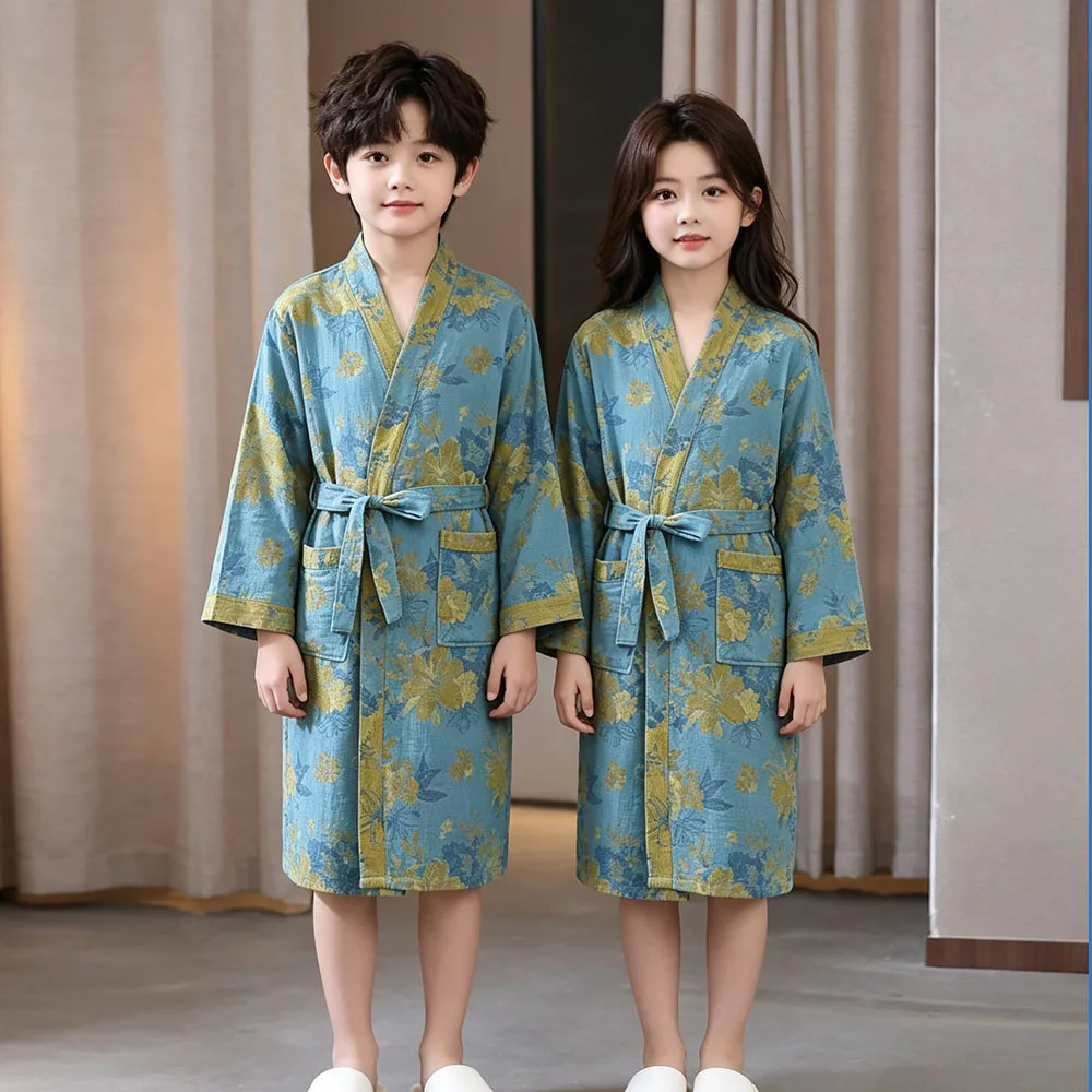 Children's Bathrobe 100% Cotton Double Layer Gauze Robes Cute Long Sleeve Print Kids Clothes Homewear Sleepwear Boys Girl