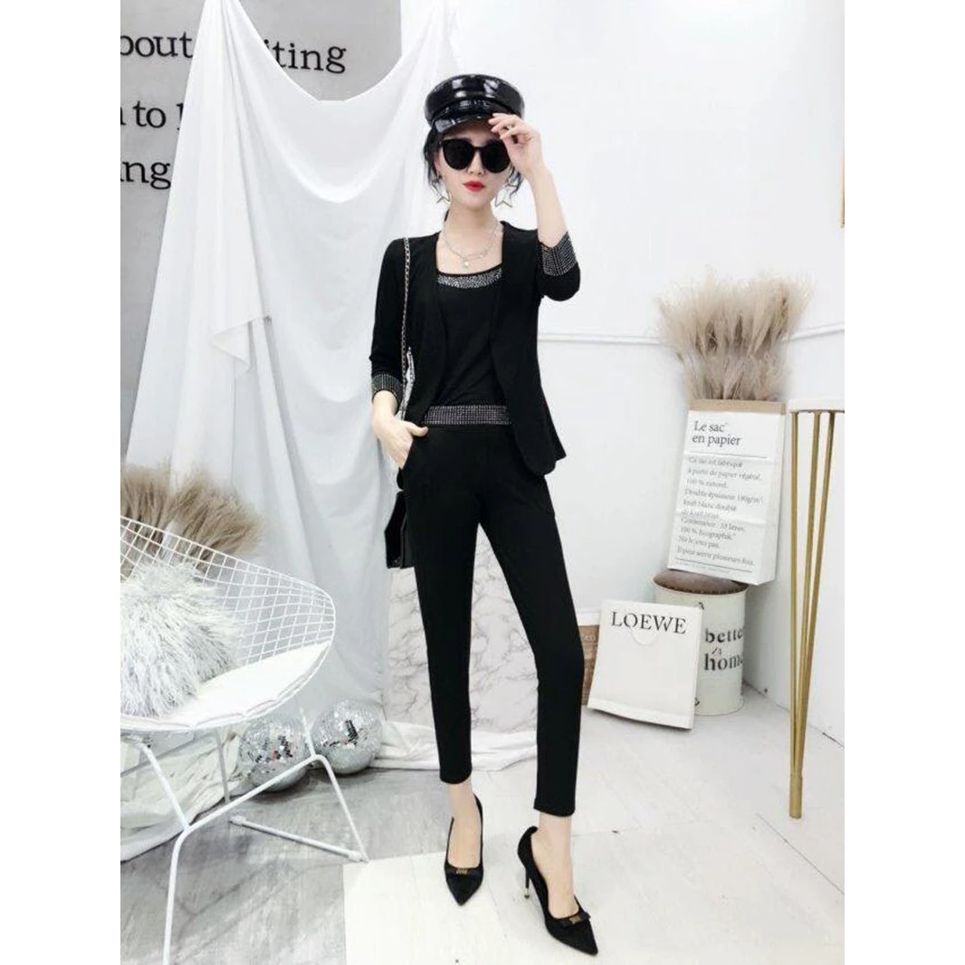 Elegant Fashionable Slim Fit Women's Suiting Set Three Pieces Roman Cotton 300g Spring Autumn Small Western Jacket Pants