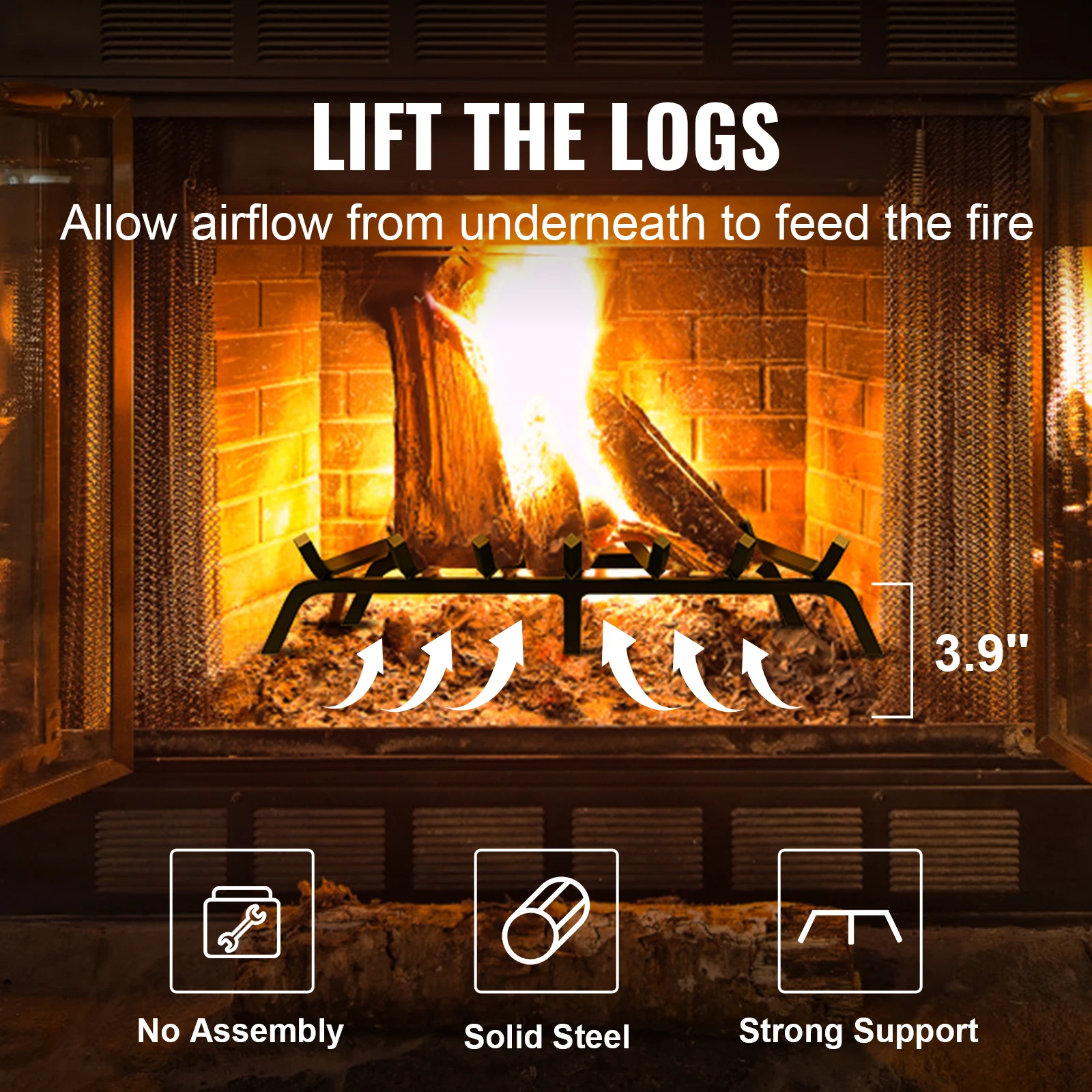 VEVOR Fireplace Log Grate Fireplace Grate with 6 Legs 3/4’’ Solid Powder-coated Steel Bars Log Firewood Burning Rack Holder