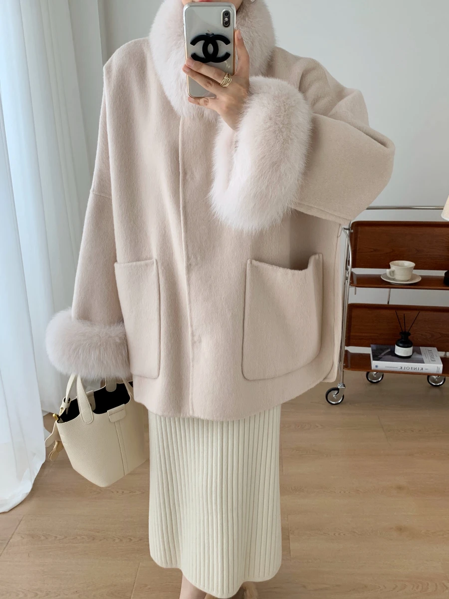 New Autumn Winter Real Woolen coats Korean Style Multiple Colour Natural fox Fur Jackets