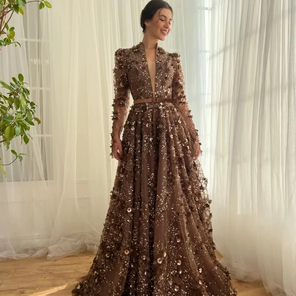 Customized Brown Embroidery A-line Long Evening Dress Exquisite Beaded 3D Floral Wedding Party Gown V-neck Bridal Gown