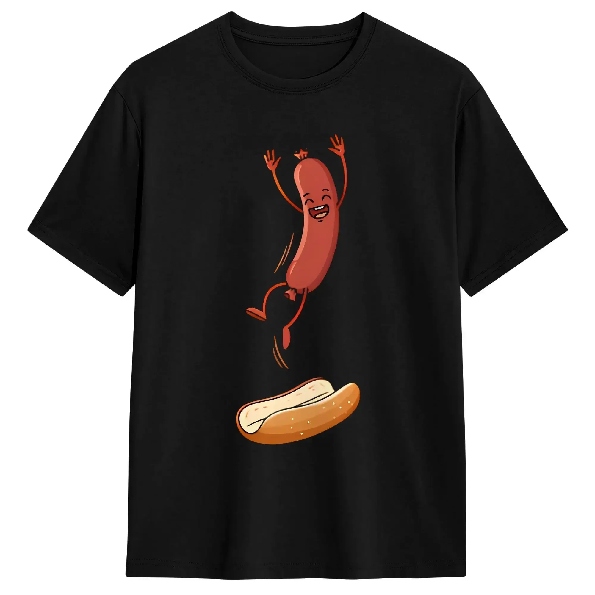Hot Dog Jumping Into Bun Sausage BBQ 100% Cotton T-Shirt For Male Summer Funny T Shirts O Neck Hipster Tees Big Size Clothing